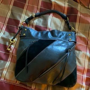 Fossil fifty-four Whitney black leather suede large expandable shoulder bag EUC